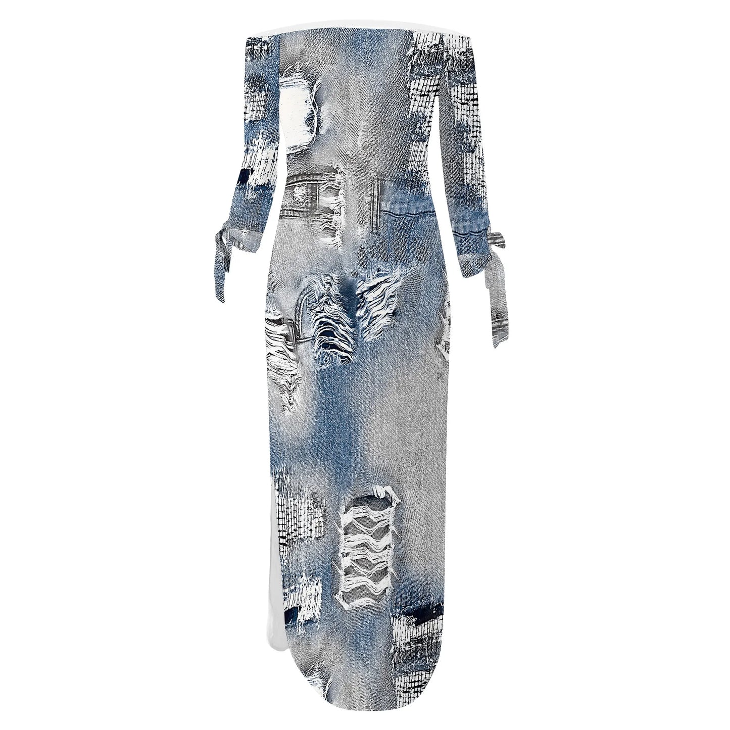 Denim Retro Print Long Sleeve Slim Fit Elegant Casual Slit One-Shoulder Neck Dress