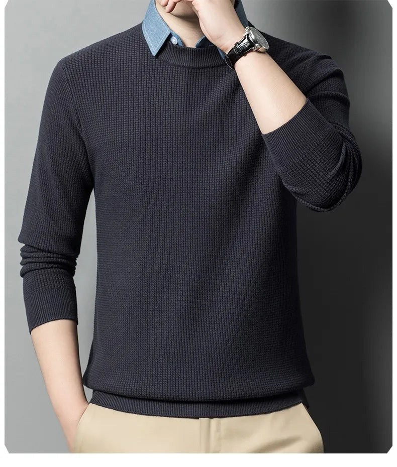 Men's Top Grade Fake Two Collared Fashion, Designer Knitted Pullover Sweater, Casual Brand Slim Fit Male Jumpers