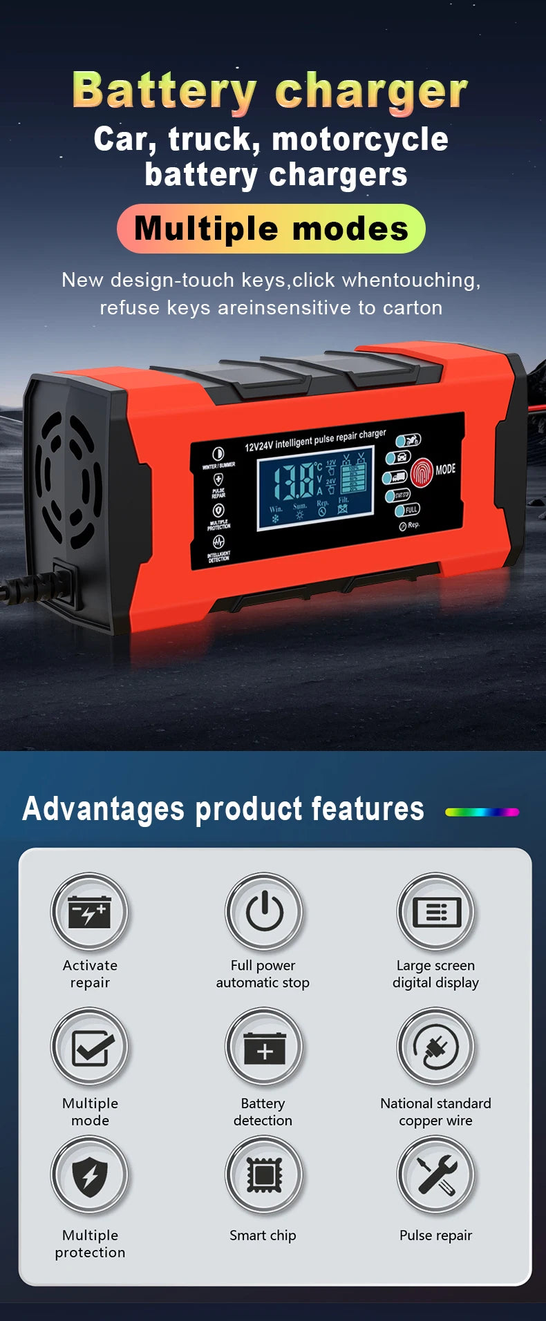 24V 5A 12V 10A Battery Charger Smart Fast Charging for Car Batteries 7-Stage Charge Pulse Repair for AGM GEL WET Lead Acid