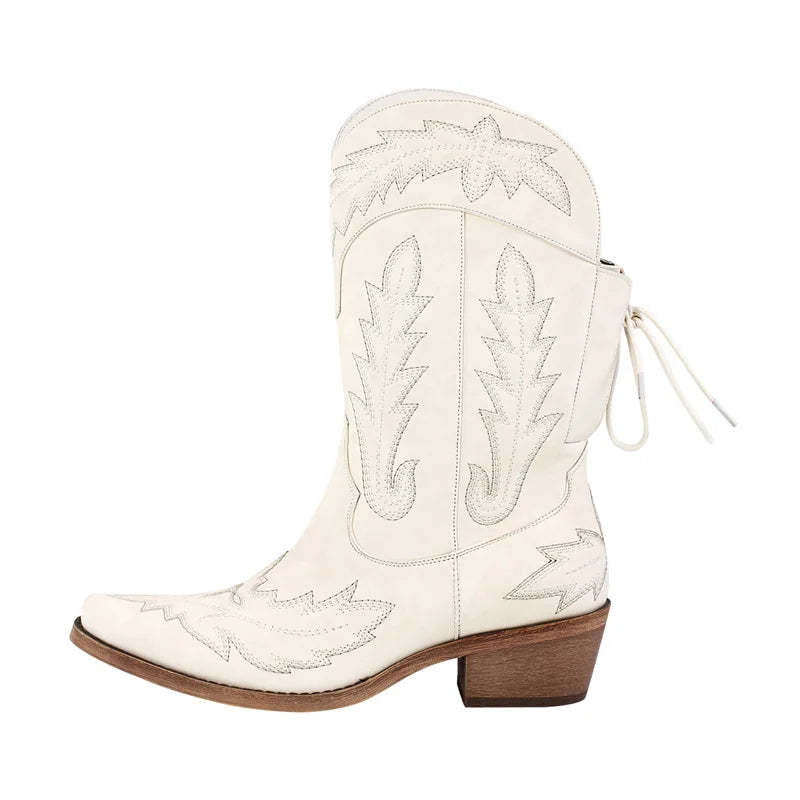 Women Pointed Toe Black Embroidery Western Boots Tapered Heel Round Up Mid-Calf Western Cowgirl Boots