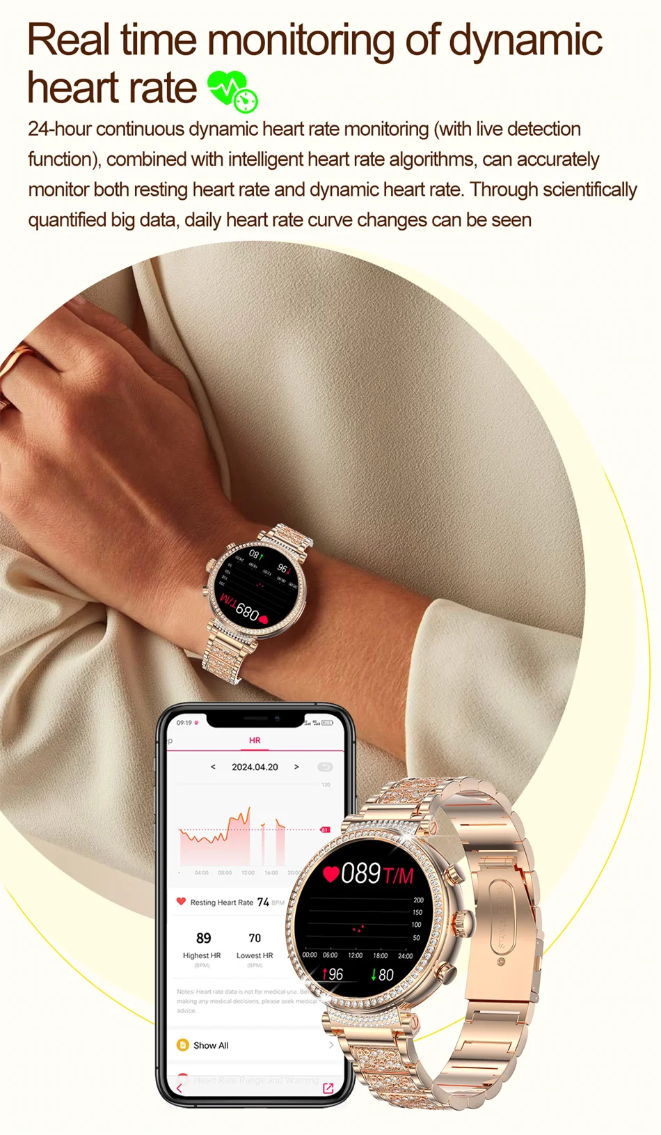 Women Diamond Smart Watch ECG Women Health tracking Watch Full Touch Screen BT Call Custom dial Smartwatch Compatible with Huawei & Xiaomi IOS