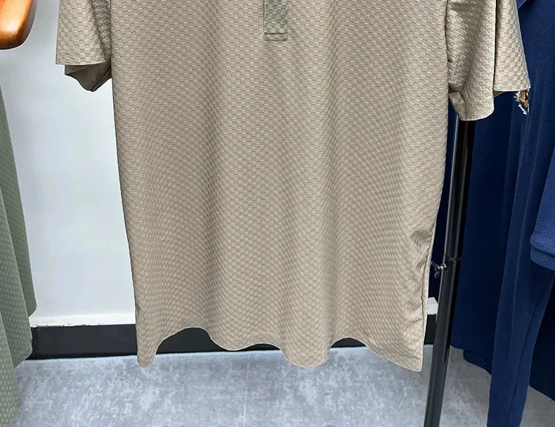 Men's Summer Luxury and Fashionable Casual Waffle Short Sleeve Polo Shirt, Lapel, Ice Silk, and High-End Breathable T-Shirt