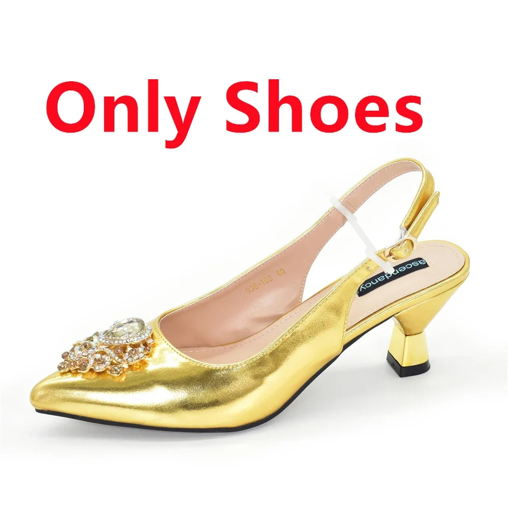 African Matching Shoes and Bags Set Decorated with Rhinestone for Ladies' Party
