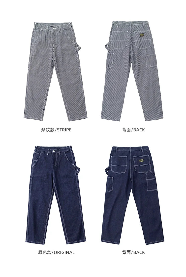 3903# Spring New American Retro Denim Carpenter Cargo Jeans Men's 100% Cotton Washed Loose Casual Multi-pocket Straight Pants