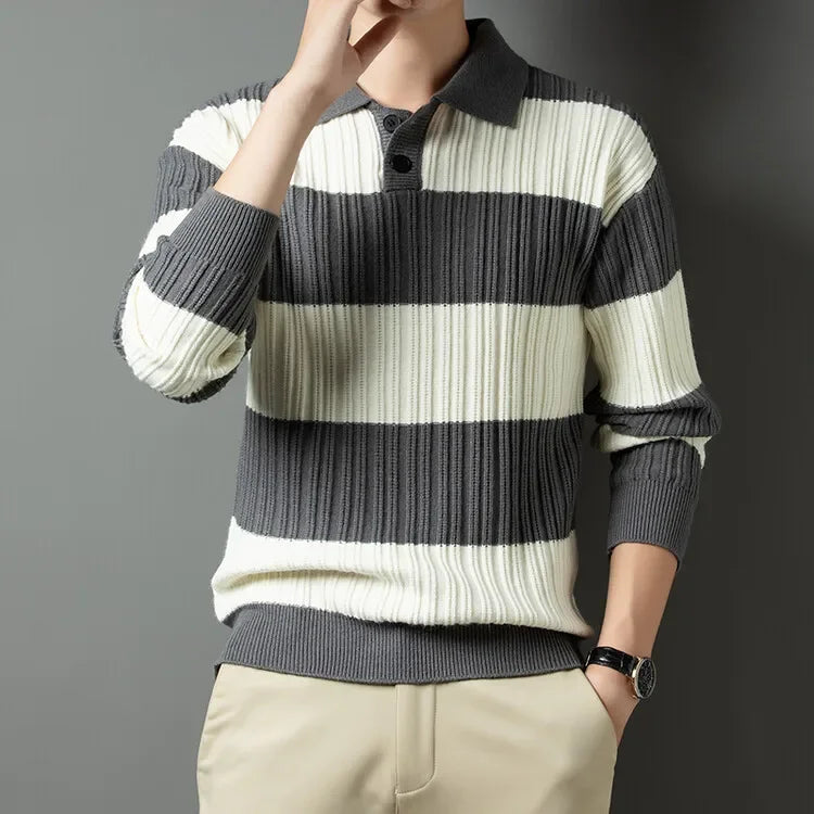Men's Polo Shirt Luxury Pullover Sweater Fashion Thick Warm Sweater Striped Casual T-shirt, Male Top Loose Knitwear