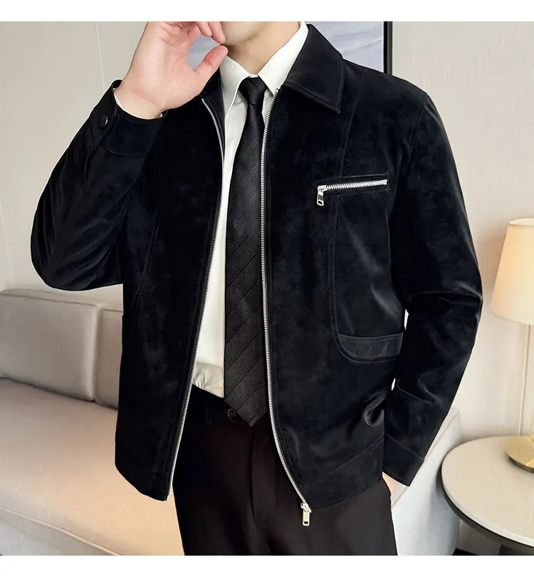 Men's Suede Casual Jacket, Lapel Fashionable Jacket, High-Grade Zipper Decorations, Business Casual Warm Male Coat