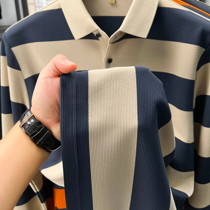 Men's Autumn Long Sleeve Polo Shirt Colourful Striped, Stretchy Double-sided Pique Knit Fabric