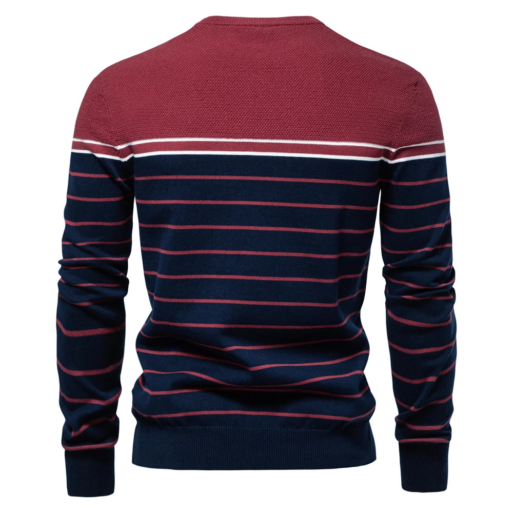 Men's O-neck Cotton Pullover Sweater Striped Casual Autumn and Winter High Quality Knitted Sweaters for Men