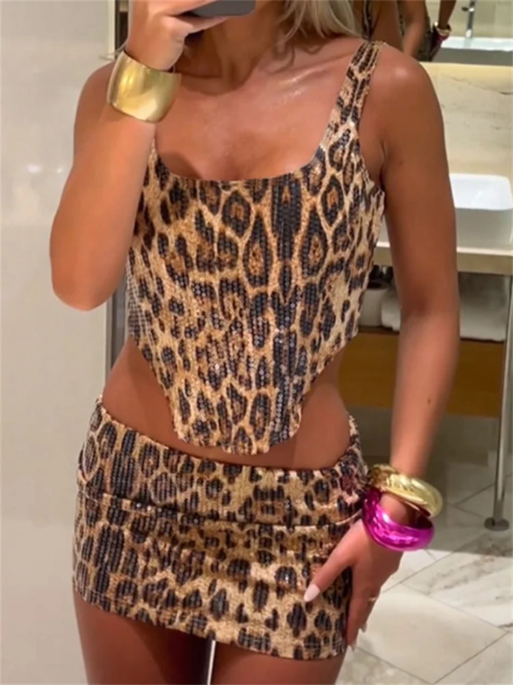 Leopard Sequin 2 Piece Set Women 2025 Summer Trend Backless Crop Top + Skinny Mini Skirt Matching Street Sexy Wild Suit For Women