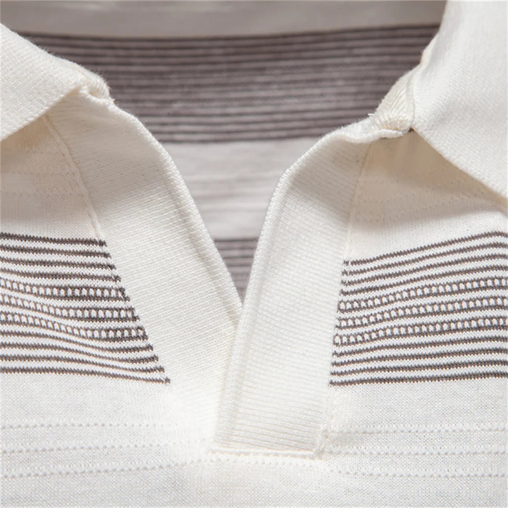 2025 New Summer Striped V Neck Cotton Polo Shirts for Men Breathable Short Sleeve Casual Knit Shirts Comfort Fit