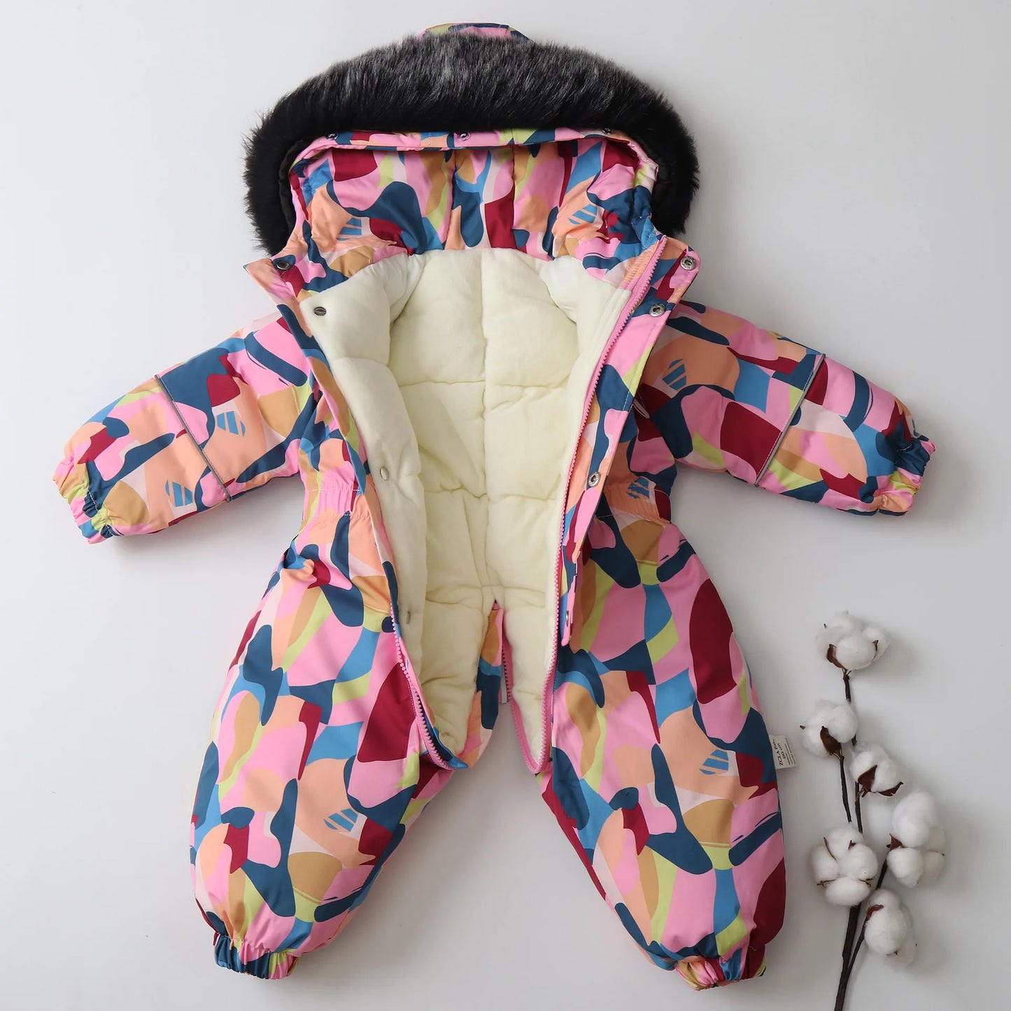 Unisex Children's Winter Warm Ski Suit Polar Fleece Lining Jumpsuit Waterproof Overalls Kid's Hooded Sportswear 1-5Y
