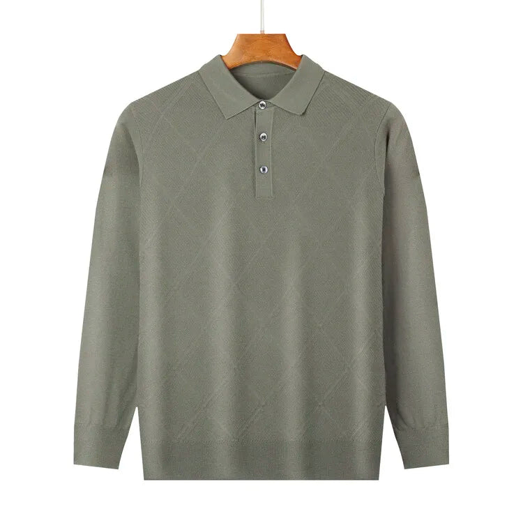 Men's Solid Colour Geometric Pattern Warm Polo, High Quality Woollen Sweater, Suitable For Business Casual & Daily Commute