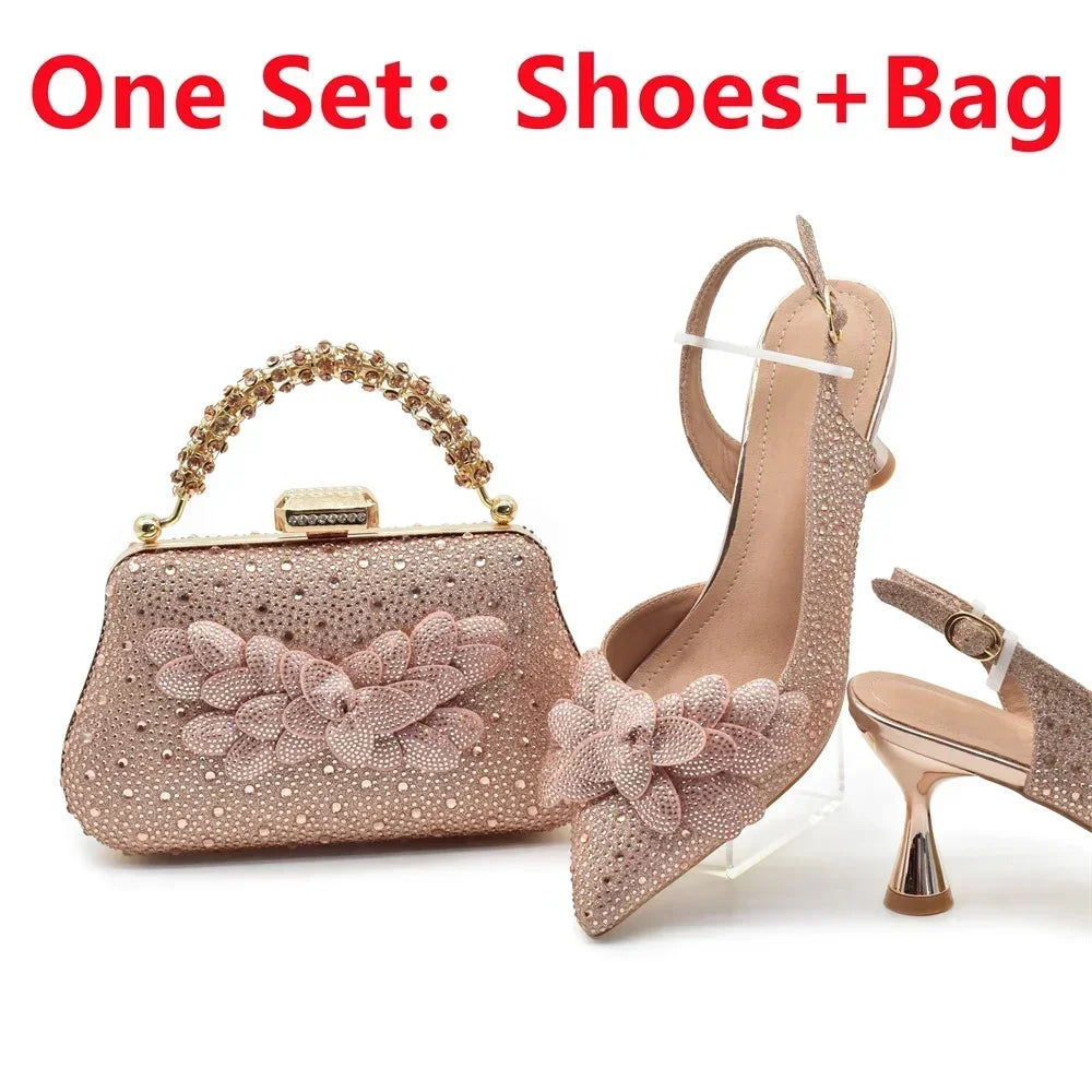 Women's Rhinestones-Decorated Party Luxury Italian Pointed Toe Shoes and Bag Set for Ladies' Wedding Pumps With High Heel