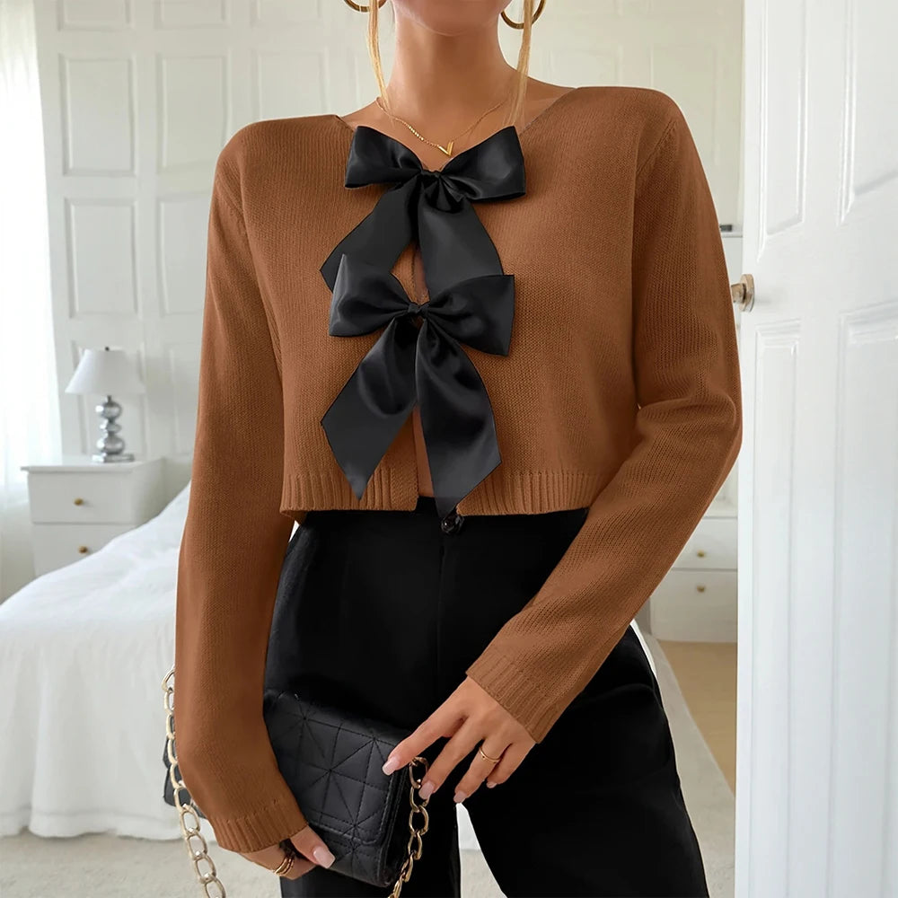 Autumn Cardigan 2025 Women's Mature Vibe Plain Bowknot Long Sleeve V-Neck Regular Fit Daily Basic Cardigan
