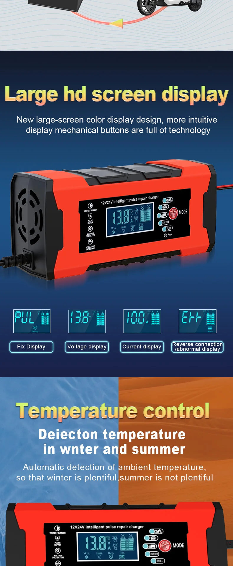 24V 5A 12V 10A Battery Charger Smart Fast Charging for Car Batteries 7-Stage Charge Pulse Repair for AGM GEL WET Lead Acid