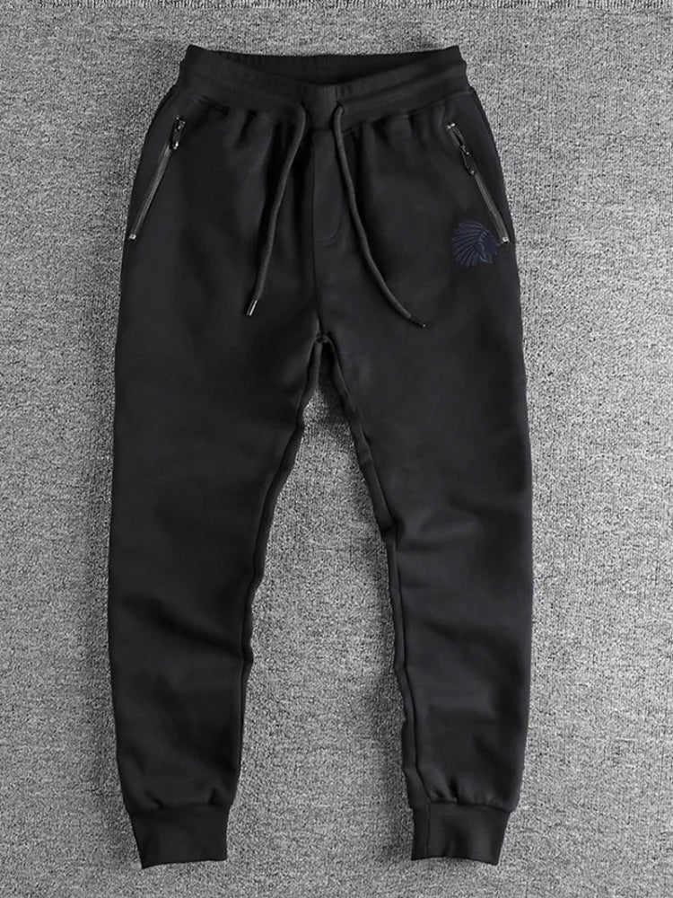Autumn American Retro Terry Knitted Embroidery Sweatpants Men's Simple Elastic Waist Drawstring Sport Casual Youth Slim Pants