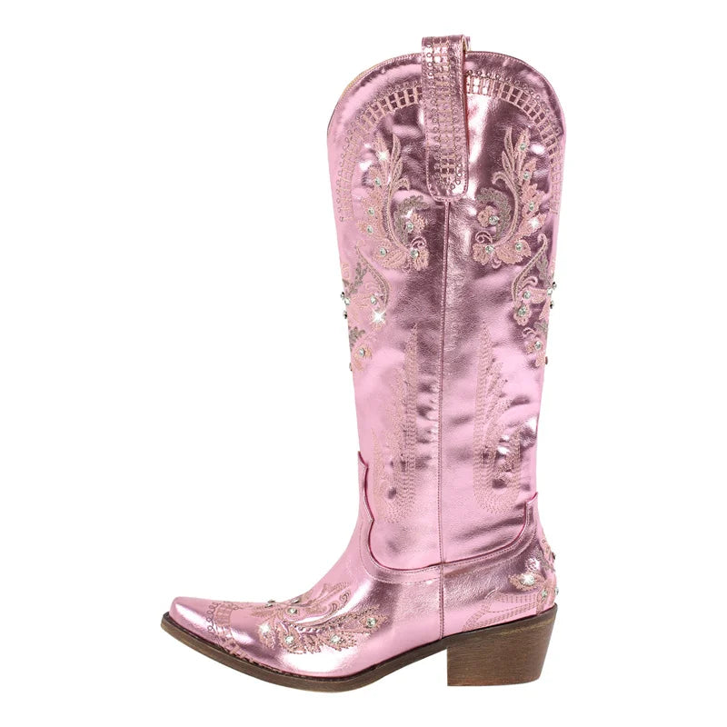 Women Pointed Toe Embroidered White Western Cowboy Boots Block Heel Pull-On Cowgirl Booties