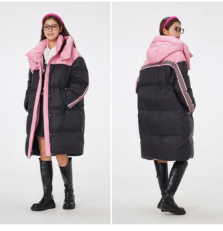 Women's Knee-Length Padded Coat With Detachable Hood, Stylish Colour-Blocking Windproof, Warm Duck Down Jacket For ladies