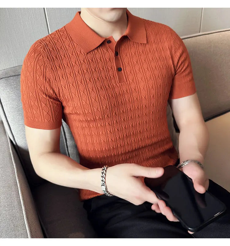Men's Slim-Fit Jacquard Knitted Short-Sleeved Polo Shirt for Male Fashion Lapel Golf Shirt