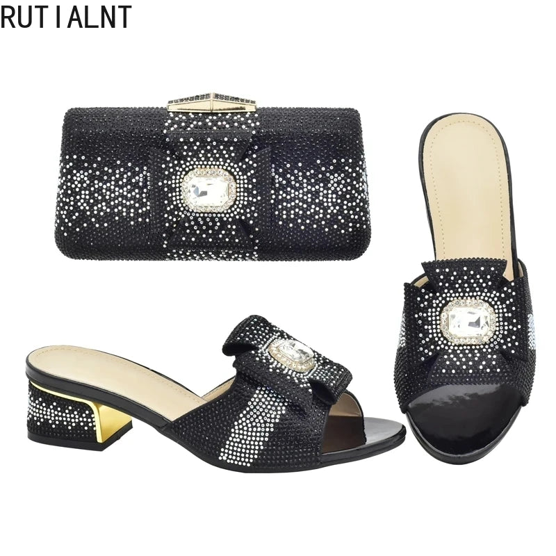 2025 Italian Shoes and Bags Matching Set with Rhinestone Bride Wedding Set African Party Shoes for Women