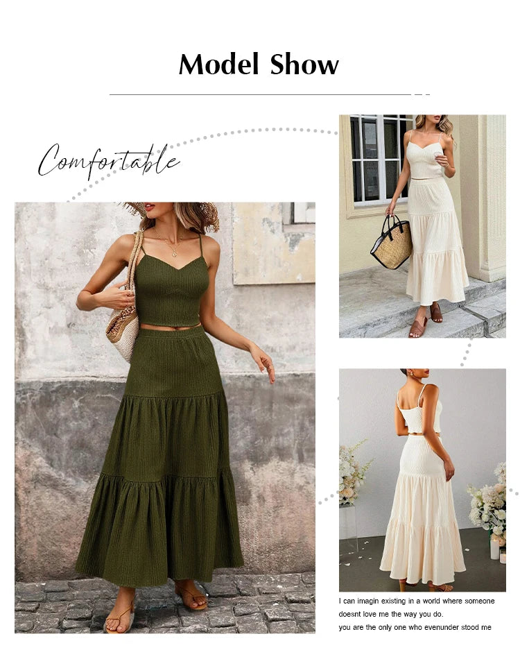 Sets Summer Simple Decent Solid Colour Screw Thread Sleeveless Sweetheart Neck High Waist Pleated Skirt Sets For Women