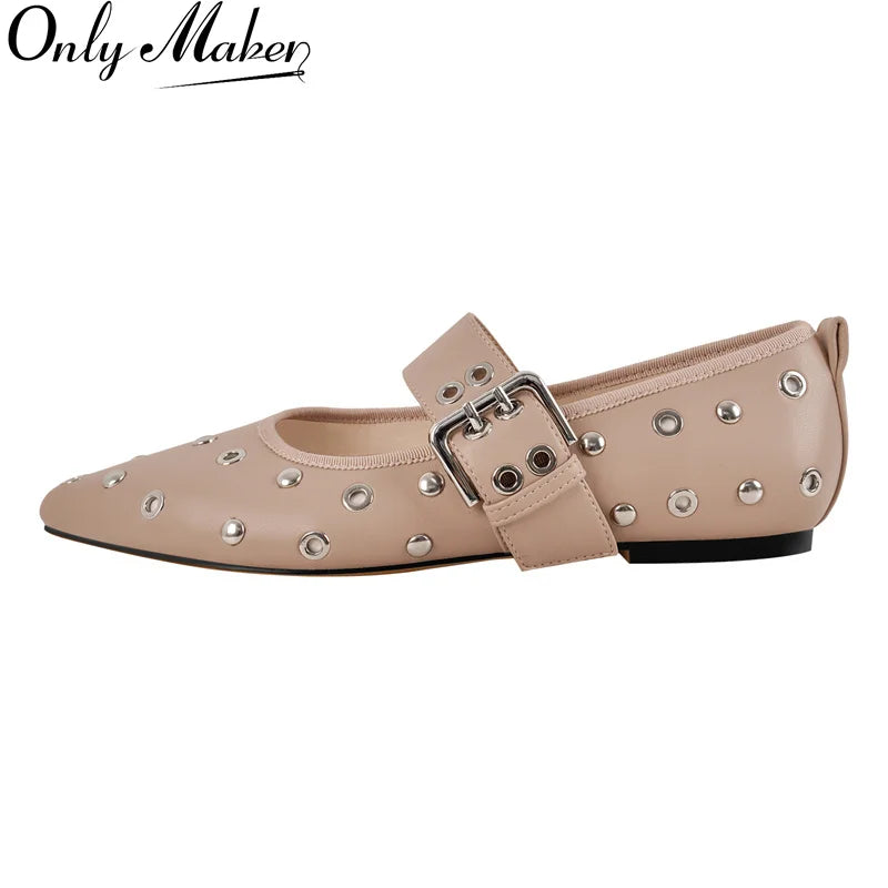 Women Pointed Toe Flats Comfortable Buckle Strap Mary Jane Studded Shoes