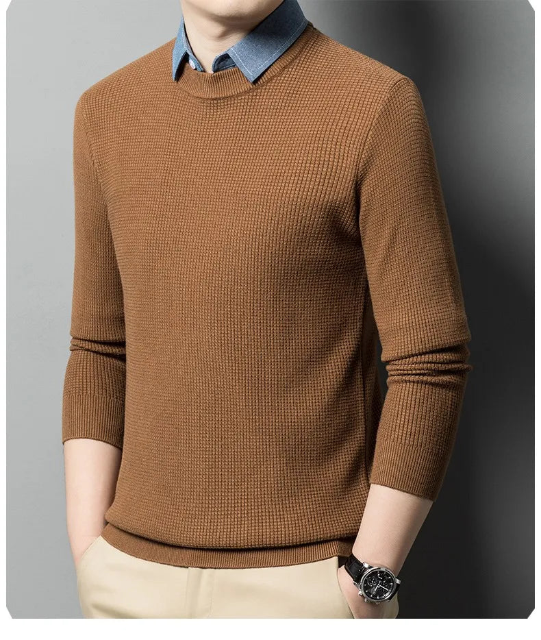 Men's Top Grade Fake Two Collared Fashion, Designer Knitted Pullover Sweater, Casual Brand Slim Fit Male Jumpers