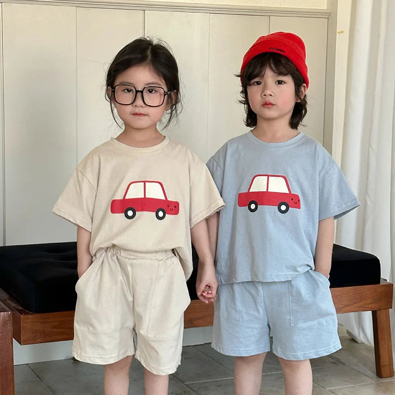 New Summer Kids Clothes Suit Children Cute Cartoon Car T-shirt + Shorts Boys Thin Style 2PCS Outfit 1-4Y Unisex