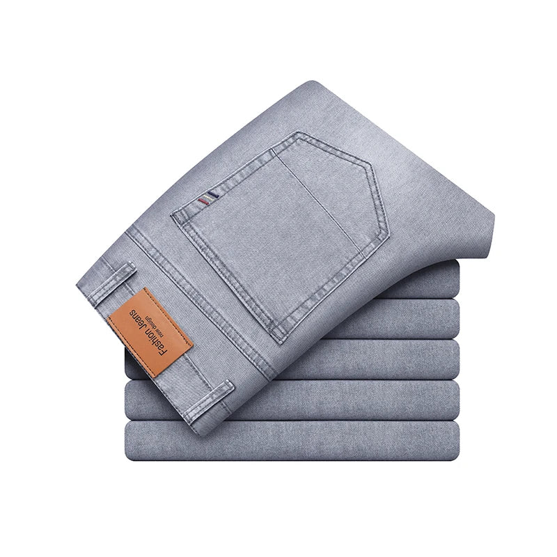 2025 Thin or Thick Material Office Business Jeans Men Classic Blue Black Cotton Stretch Straight Denim Pants Male Brand Trousers