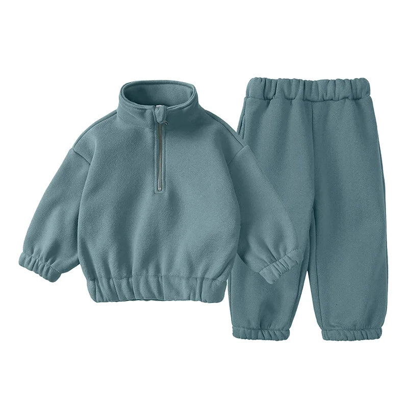 Baby Children's Fleece Lining Hoodies Set Spring Autumn Boys Sports Clothes 2PCS Girls Turtleneck Pullover Casual Suit 1-6Y Unisex