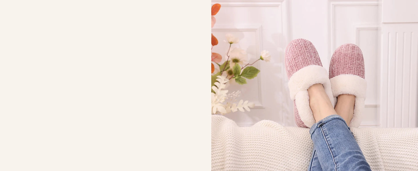 Women's Fleece Lined Warm House Cotton Slippers With Memory Foam and Non-Slip Cosy Fluffy Sole Plush Knit Slides Suitable For Bedroom Use