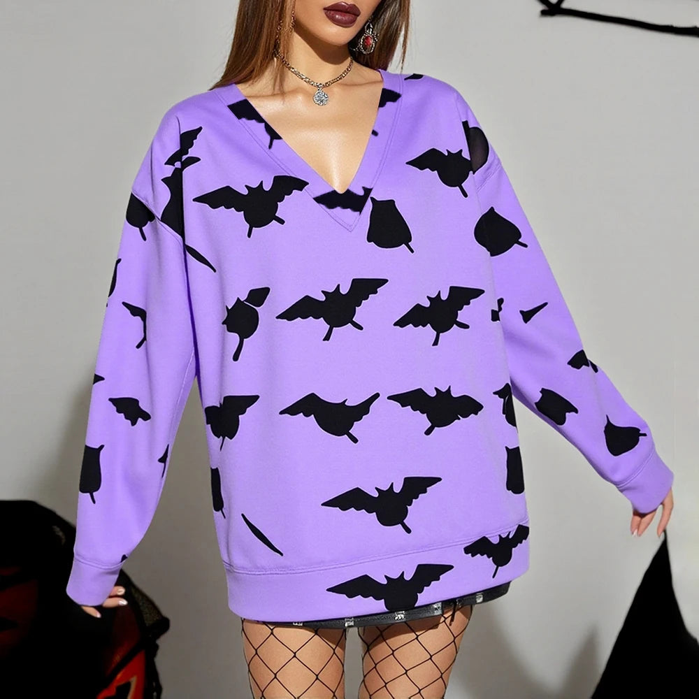 Autumn Winter Hoodies 2025 Women's Punk Bat Print Long Sleeve V-Neck Comfortable Loose Fit Halloween Hoodies