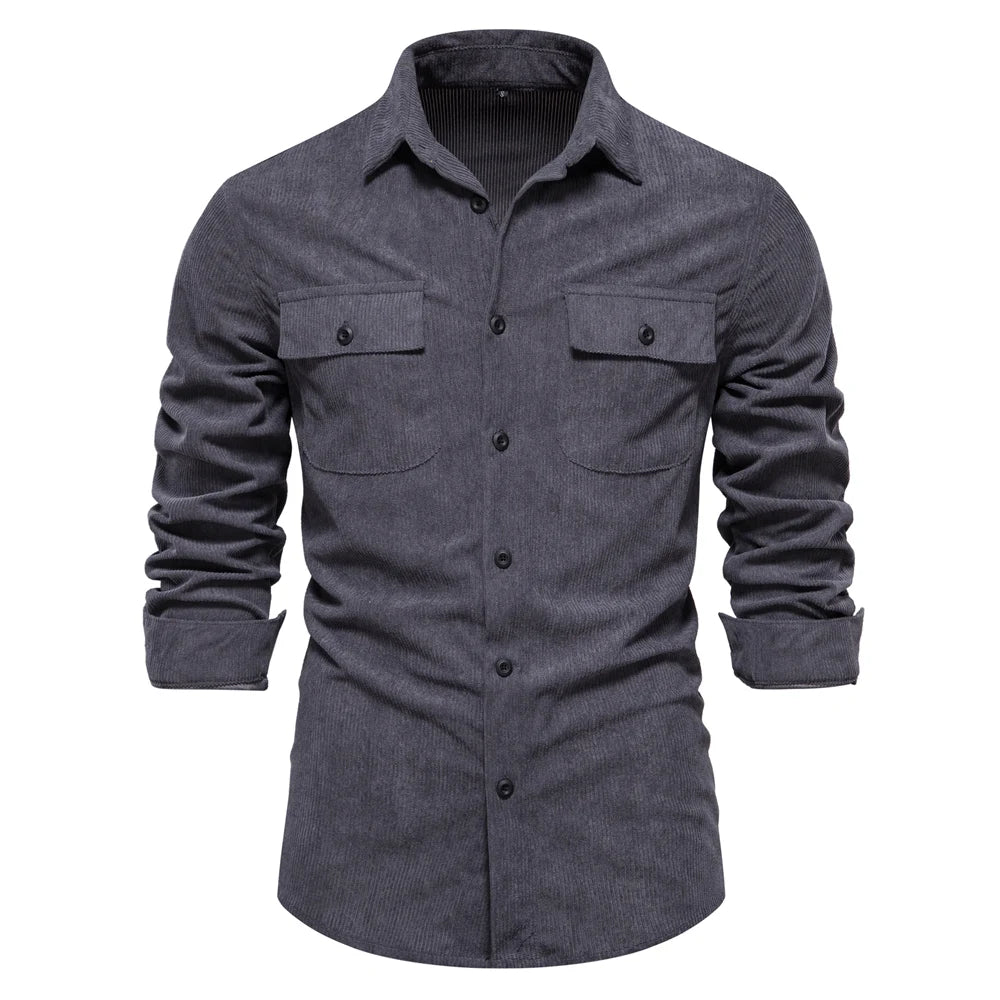 Thicken Autumn Men Shirt Solid Colour Business Casual Corduroy Shirt With Pocket for Men
