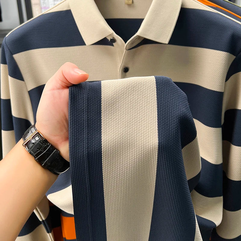 Men's Autumn Long Sleeve Polo Shirt Colourful Striped, Stretchy Double-sided Pique Knit Fabric