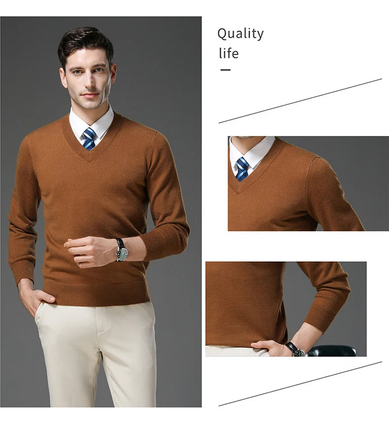 Men's Warm V-Neck Solid Colour Sweater, Autumn & Winter Stretch Top, Daily Leisure Pullover Knitwear, Male Business Casual