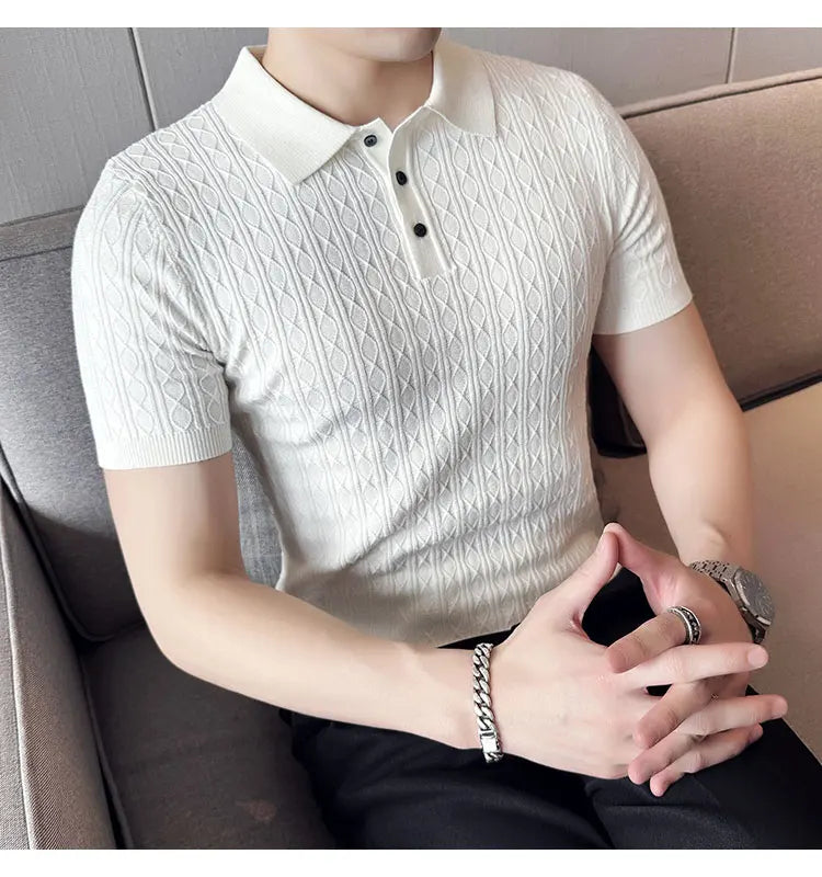 Men's Slim-Fit Jacquard Knitted Short-Sleeved Polo Shirt for Male Fashion Lapel Golf Shirt