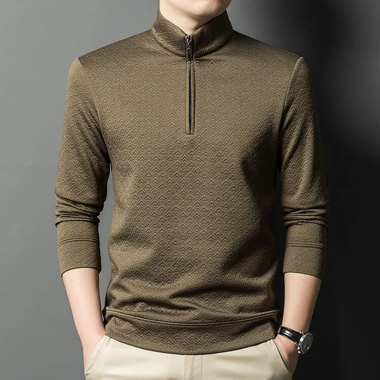 Men's Zipper Stand-Up Collar Long Sleeve T-shirt, Autumn & Winter Fashion Brand Loose Pullover With Advanced Geometric Jacquard Fabric