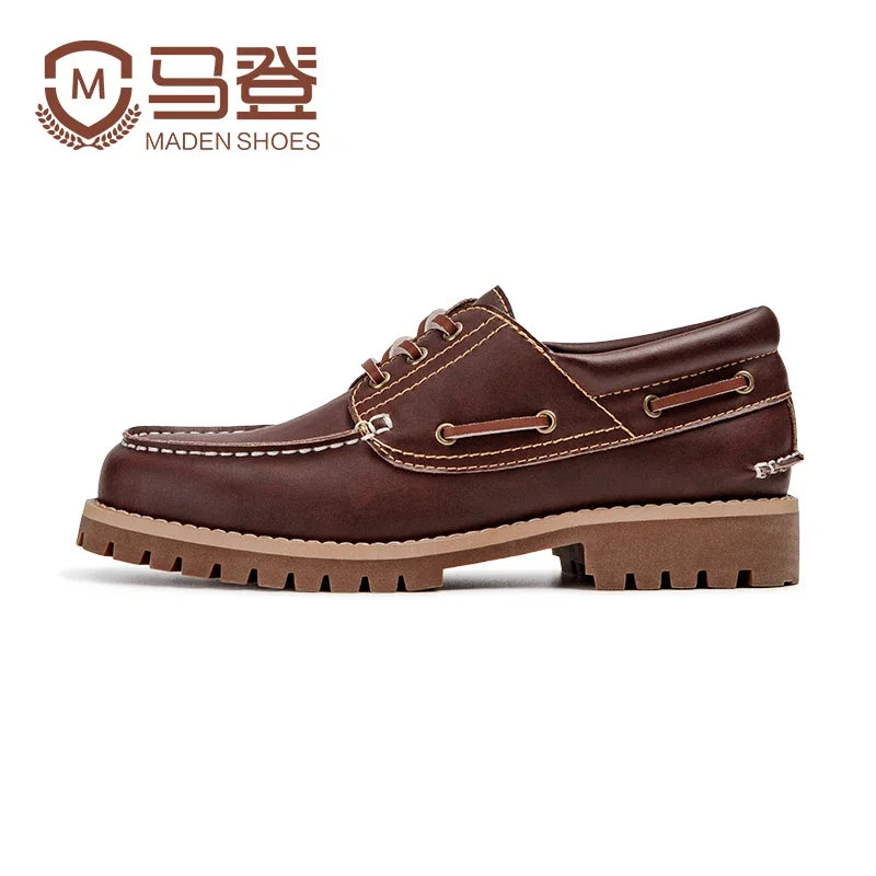 Men's Vintage Second-layer Cowhide Boat Shoes Genuine Leather Derby Shoes Round Toe Low Top Boots British Style Work Shoes