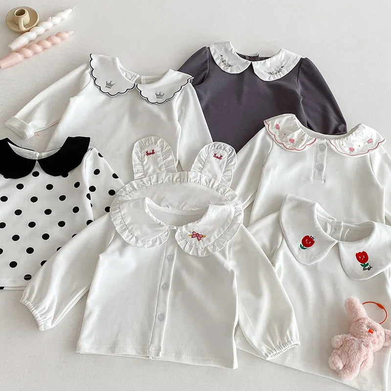 Herfst Baby Onderhemdjes Zoete Borduurwerk Bloem Strik Baby Meisjes Bottoming Shirt Peuter Dunne Kleding Tops 0-3T Meisjes