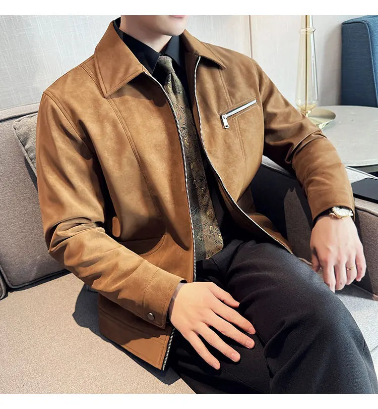 Men's Suede Casual Jacket, Lapel Fashionable Jacket, High-Grade Zipper Decorations, Business Casual Warm Male Coat