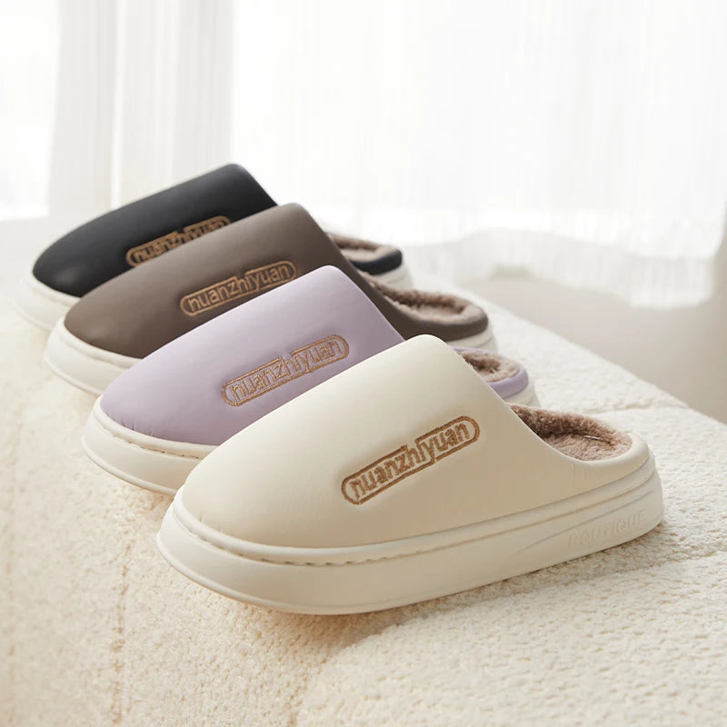 Unisex Anti-slip Waterproof Winter Cotton Slippers Women Men Home Indoor Warm House Shoes Couple Soft Flat PVC Sole Footwear