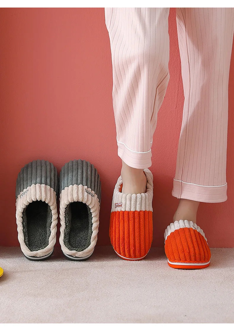 Men's Warm Plush House Slippers Indoor Anti-slip Winter Fluffy Slides With Waterproof Short Plush Male Cotton Shoes