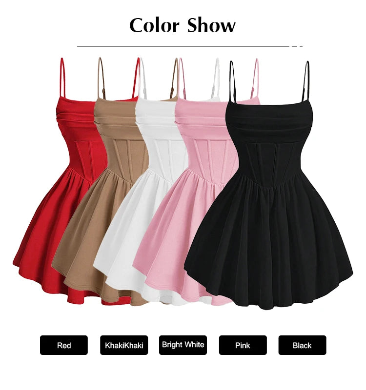 Women's A-Line Mini Short Dresses Square Neck Sleeveless Solid Red Elegant Party Summer Sexy Milkmaid Pleated Dresses