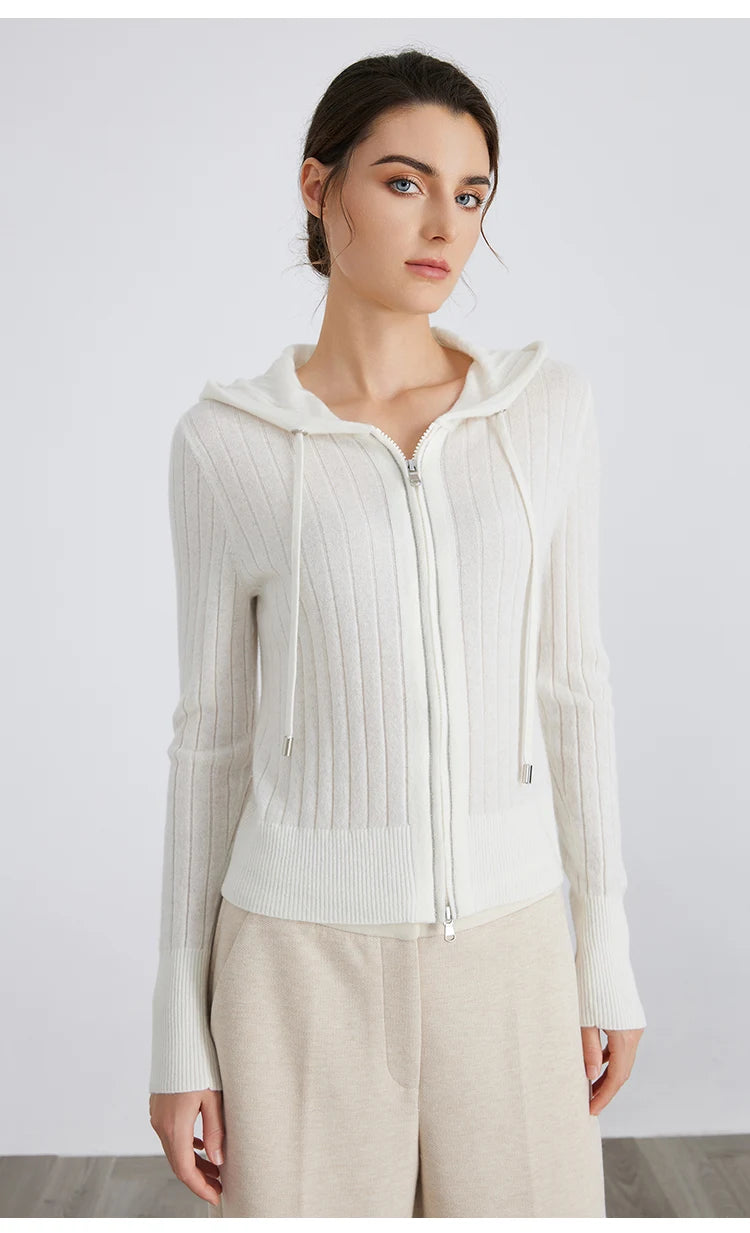Women's High-Quality Winter Luxury Brand Long-Sleeved Hooded Cardigan & Knitted Sweater With 94% Cashmere For Ladies