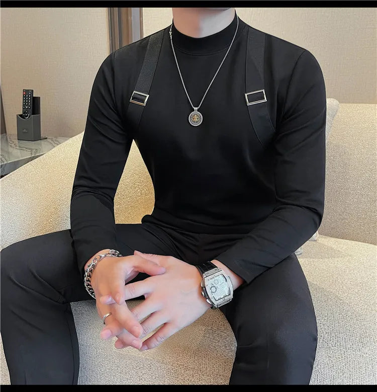 Men's Strap Long-Sleeved T-shirt For Autumn and Winter, Slim Fit Half Turtleneck Bottoming Shirt, Fashion City Knitwear
