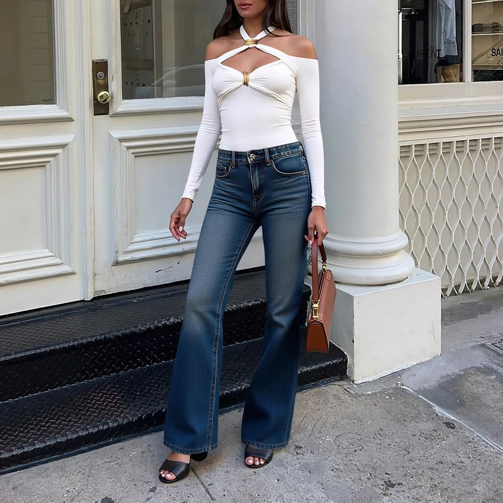 Women's 2025 Autumn Sexy Solid Colour Long Sleeve Halter Neck Cut-Out Daily Basic Sweet Dating T-Shirts