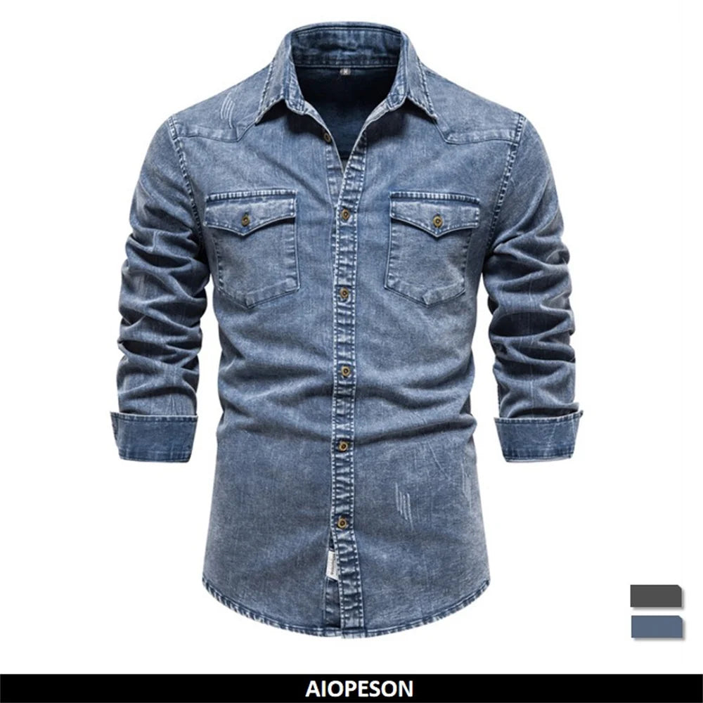 Men's Cotton Denim Shirts Double Pocket Solid Colour Casual Male Cowboy Shirts New Autumn Slim Quality Shirts for Men