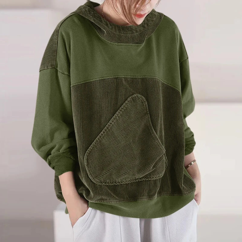 Women Patchwork Corduroy Hoodies Loose Casual Irregular Pocket Hooded Sweatshirts 2024 Fall Colour Block Long Sleeve Tops