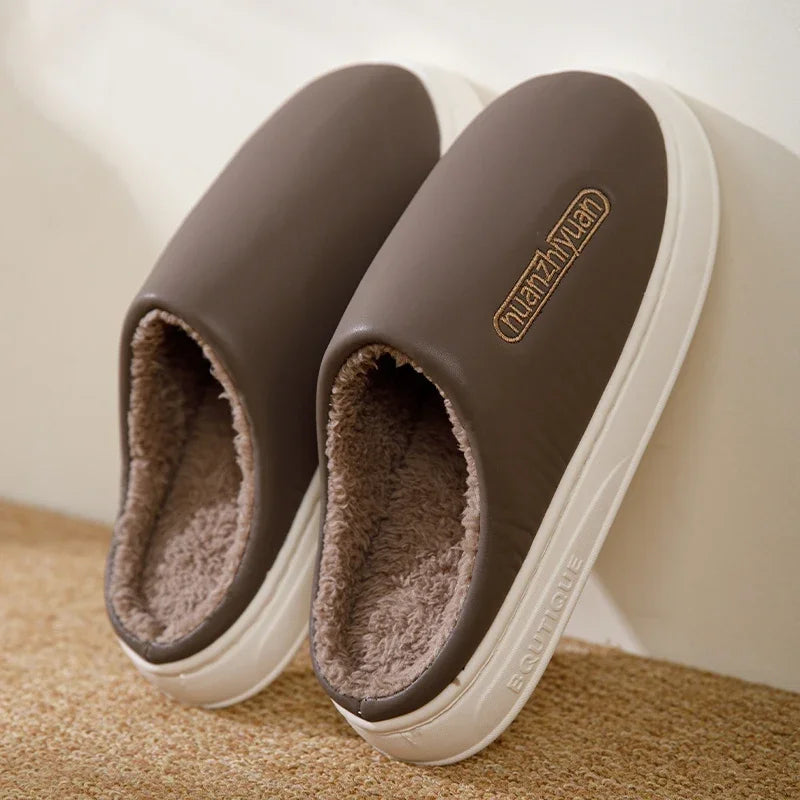Unisex Anti-slip Waterproof Winter Cotton Slippers Women Men Home Indoor Warm House Shoes Couple Soft Flat PVC Sole Footwear