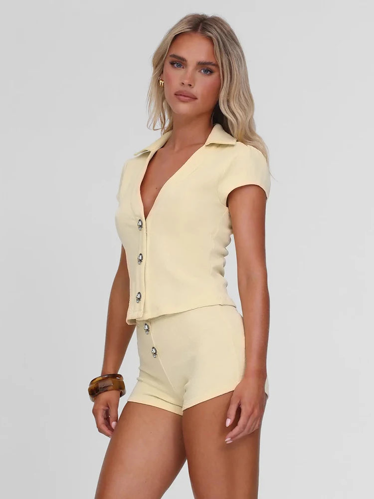 Simple 2 Piece Set Women Lapel Neck Single-Breasted Crop Tops + Bottom Skinny Shorts Daily Casual Home Comfortable Suit
